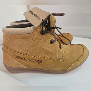 Swissbrand Tan Suede Leather Ankle Boots Sz 7 Us 37 Eur New